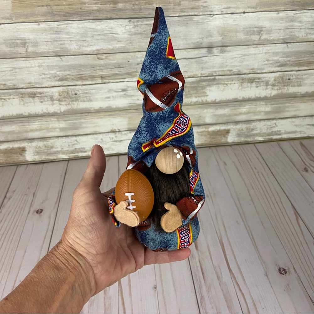 Football Game Gnome Vintage Football Print Fabric Blue Brown Faux Fur Man Cave - Picture 11 of 11